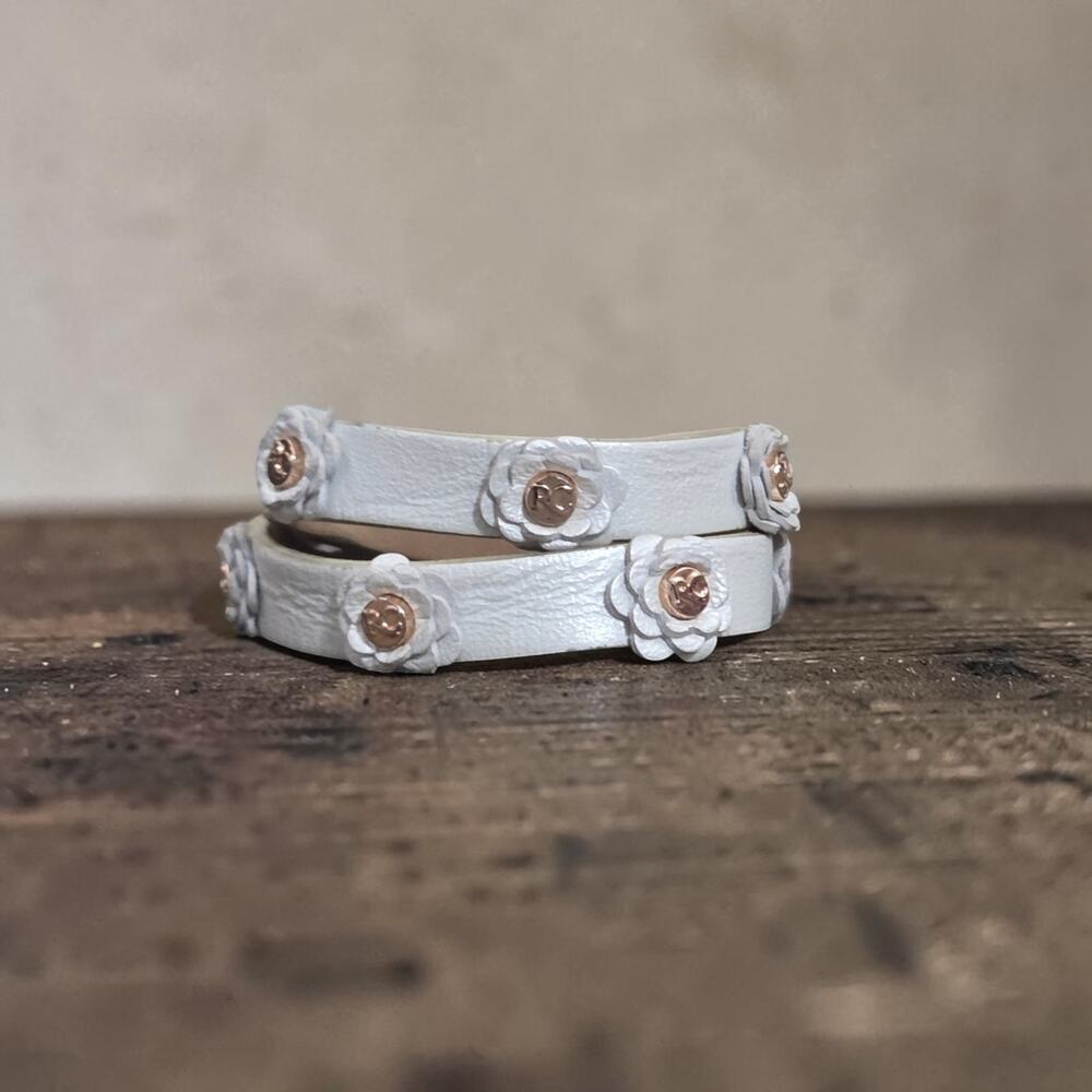 Rustic Cuff White Leather Metal Logo Wrap Bracelet